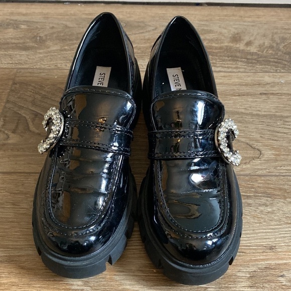 Steve Madden Hailey Chunky Heel Black vegan Patent Bling Buckle 7.5 preppychic - Picture 2 of 7
